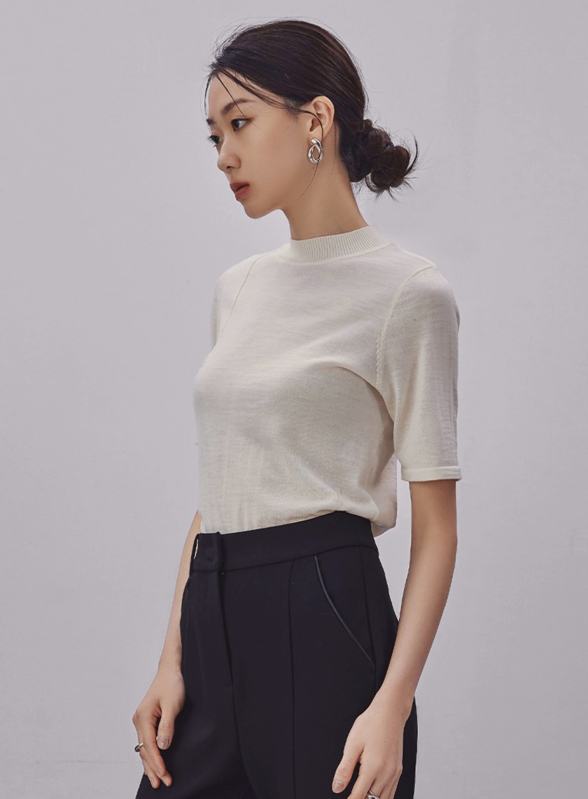 半高領五分袖羊毛針織上衣